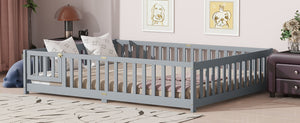 English Elm Queen Floor Bed with Safety Fence and Guardrails, Rubberwood Low Profile Platform for Kids Grey W504P286386