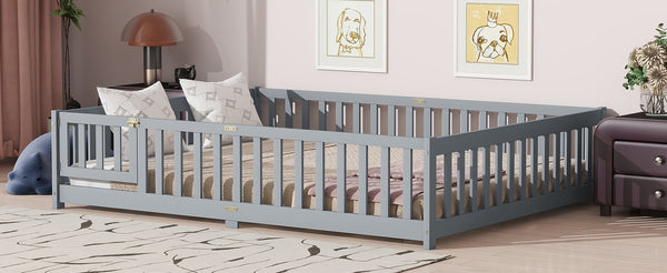 English Elm Queen Floor Bed with Safety Fence and Guardrails, Rubberwood Low Profile Platform for Kids Grey W504P286386