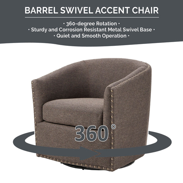 JLA Home Madison Park - Upholstered Swivel Barrel Chair with Nailheads and 360° Metal Base, Plush Foam Cushion, Versatile Elegance Chocolate MP103-0481