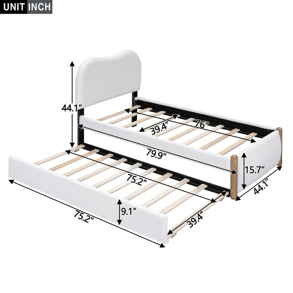 English Elm Twin Upholstered Platform Bed with Arc Headboard and Trundle, Berber Fleece Comfort, Sturdy Frame White DL000562AAK