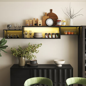 English Elm 65.35in Wall Mounted Floating TV Stand with 20 Color LEDs, Charging Station & Spacious Cable Management for Modern Entertainment Black W331P242458