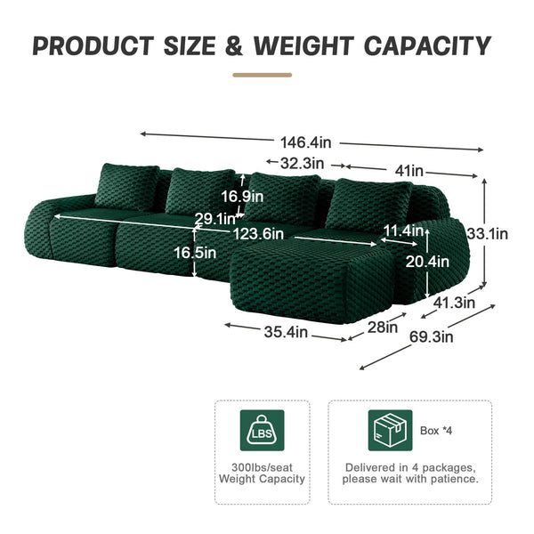 English Elm 146" Modular L-shaped Sectional Flannelette Sofa with Ottoman Tool-free Living Room Setup Green W714S01529