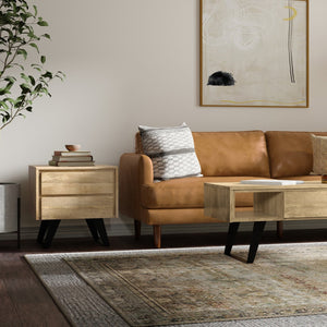 English Elm Lowry Natural Side Table - Handcrafted Mango Wood & Metal, 2 Drawers + Open Shelf, Modern Industrial Style B136P203466