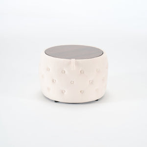 English Elm Ball Cast Round Nesting Ottoman Set Linen Upholstered Hidden Storage with Wooden Tray Beige W3163P379358