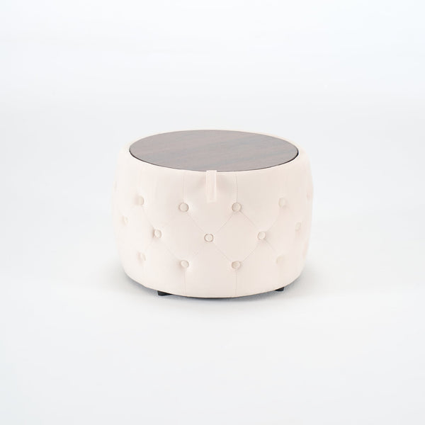 English Elm Ball Cast Round Nesting Ottoman Set Linen Upholstered Hidden Storage with Wooden Tray Beige W3163P379358