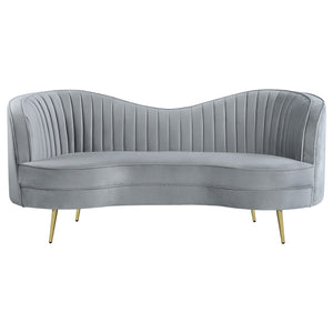 English Elm Reigha Velvet Loveseat in Grey with Gold Legs — Mid-Century Modern Channel Tufted Curved Bench Cushion Elegance B062P351443