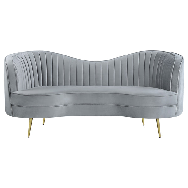 English Elm Reigha Velvet Loveseat in Grey with Gold Legs — Mid-Century Modern Channel Tufted Curved Bench Cushion Elegance B062P351443