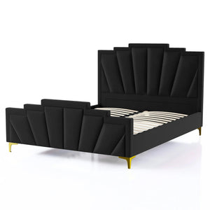 English Elm Glam Plush Flannelette Queen Bed with Shell Tufting and Padded Headboard on Metal Legs for Style Black,Gold 84 L x 15 W x 7 H B2741S00331