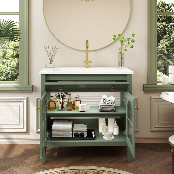 English Elm 35.6" Freestanding Bathroom Vanity with Roman Column Base and Ceramic Integrated Sink Green W1801S00014
