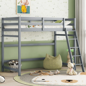 Hearth and Haven Twin Size High Loft Bed with Inclined Ladder, Guardrails, Grey W504P143320