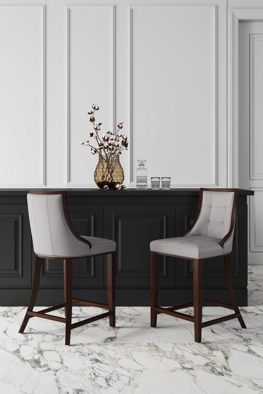 English Elm Fifth Avenue Faux Leather Counter Stool with Walnut Beech Frame, Padded Seat, Footrest, 26" Height LIGHT GREY B365P398463