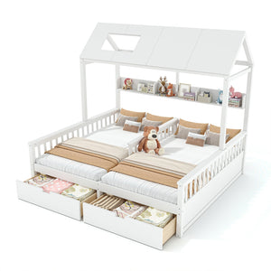 English Elm Double Twin House Bed Pine Wood Frame Kids Playhouse Bunk with Storage Drawers White W5305S00006