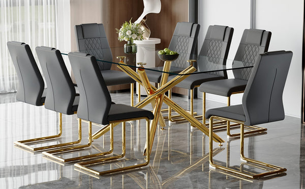 English Elm Table Modern Luxurious Transparent Glass Dining Set With 8 Dark Gray Pu Chairs & Gold Legs W1151S02592-GIGA