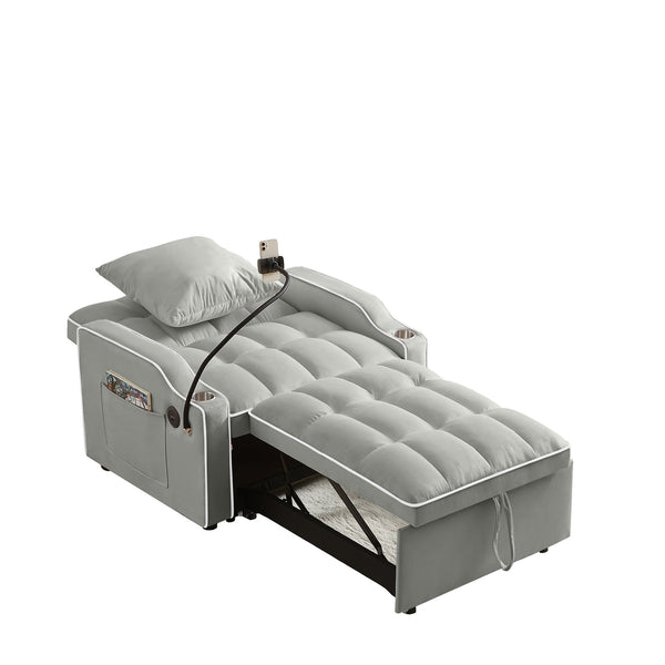 English Elm 3-in-1 Convertible Sofa Bed with USB & Type-C Ports, Cup Holders, Adjustable Backrest for Small Spaces Grey W2151142230