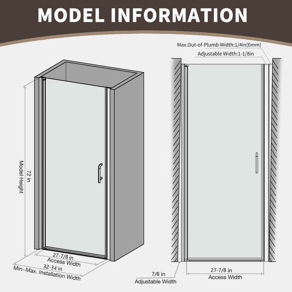 English Elm 32-34 in Frameless Pivot Shower Door Clear Glass Brushed Gold Reversible Bathroom W637P400607