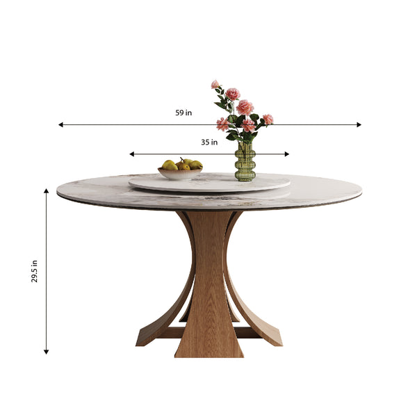 English Elm 59-Inch Modern Sintered Stone Dining Table With 35-Inch Turntable, Seats 6-8, Walnut Base Elegance! W509S00130