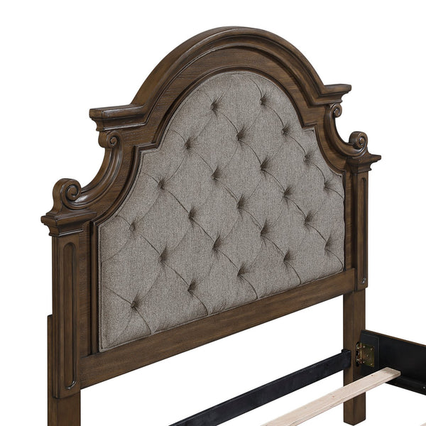 English Elm Traditional Queen Bed Gray Chenille Arched Tufted Headboard Oak Walnut Bedroom B011S02507