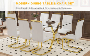 English Elm Table Elegant Transparent Glass Dining Set - 71"X35.4" With 8 White Pu Chairs & Golden Legs W1151S02360-GIGA