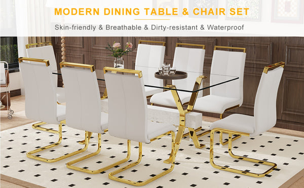 English Elm Table Elegant Transparent Glass Dining Set - 71"X35.4" With 8 White Pu Chairs & Golden Legs W1151S02360-GIGA