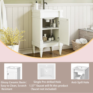 English Elm 18-Inch Modern Bathroom Vanity with Sink Compact Retro Design Durable MDF & Solid Wood Legs Storage-Friendly White N710P257401K