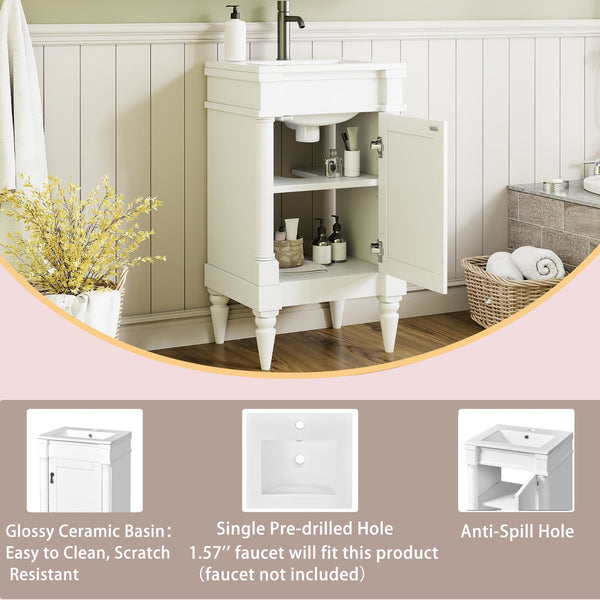 English Elm 18-Inch Modern Bathroom Vanity with Sink Compact Retro Design Durable MDF & Solid Wood Legs Storage-Friendly White N710P257401K