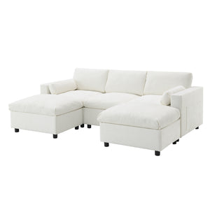 English Elm [video]86.5'' Chenille U-shaped Sectional with Dual Ottomans and Storage Pockets for Living Rooms White N723S7723A