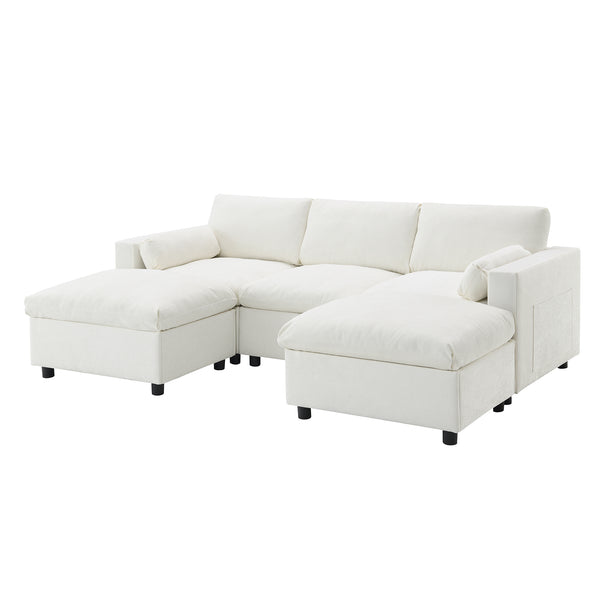 English Elm [video]86.5'' Chenille U-shaped Sectional with Dual Ottomans and Storage Pockets for Living Rooms White N723S7723A