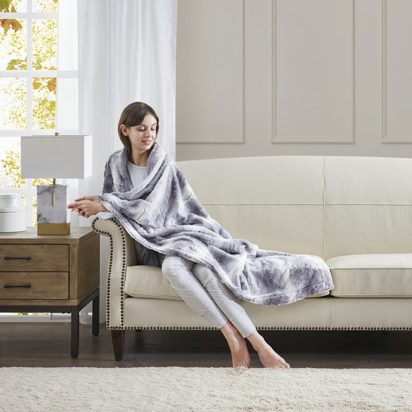 JLA Home Madison Park - Faux faux fur throw indulgent plush reversible faux mink blanket OEKO-TEX certified machine washable luxury Grey MP50-8525