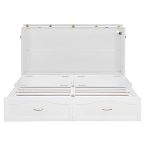 English Elm Queen Murphy Wall Bed with Drawers Usb Charging Ports Pulley Lift Mdf Cabinet White LP100671AAK-1