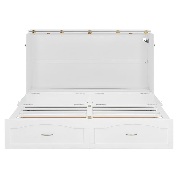 English Elm Queen Murphy Wall Bed with Drawers Usb Charging Ports Pulley Lift Mdf Cabinet White LP100671AAK-1