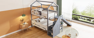 English Elm House-shaped Pine Bunk Bed with Built-in Slide Storage Staircase Twin Over Full Kids Frame Grey+White N820S00082E
