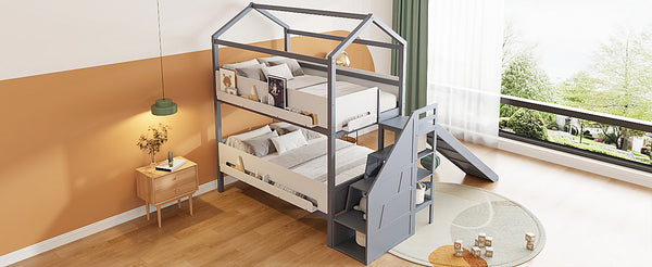 English Elm House-shaped Pine Bunk Bed with Built-in Slide Storage Staircase Twin Over Full Kids Frame Grey+White N820S00082E