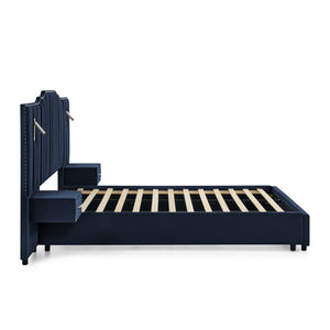 English Elm Queen Velvet Platform Bed with Tufted Headboard Integrated Nightstands and Striped Design Dark Blue W487S00442