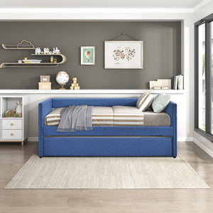 English Elm Modern Upholstered Daybed with Pull Out Trundle Nailhead Trim and Side Storage Pockets Blue B011P419493