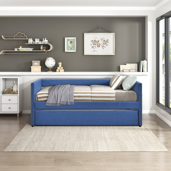 English Elm Modern Upholstered Daybed with Pull Out Trundle Nailhead Trim and Side Storage Pockets Blue B011P419493