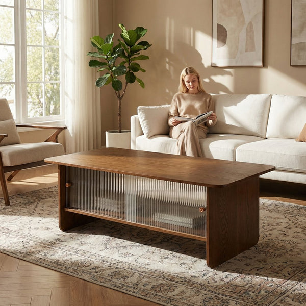 English Elm 47"rectangular Coffee Table Fluted Glass Sliding Doors Retro Wood Grain Living Room Storage Brown W3935P408518