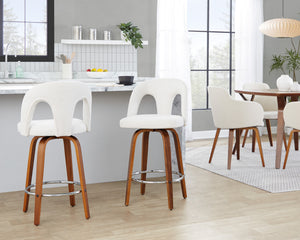 English Elm Fixed-height Swivel Counterstools with Walnut Legs Chrome Footrest and White Upholstery B202S01788