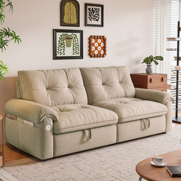 English Elm It 77-inch convertible velvet sofa bed, 2-in-1 loveseat to guest bed with steel frame, high-resilience foam comfort Brown W3820S00015