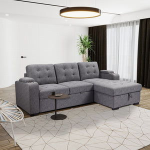 English Elm Living L-Shaped Sleeper Sofa Lounger with Storage Chaise, Convertible Sectional Bed, Durable Frame Grey 59 L x 35 W x 17 H B2741S00007