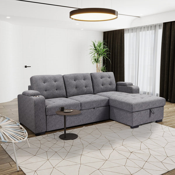English Elm Living L-Shaped Sleeper Sofa Lounger with Storage Chaise, Convertible Sectional Bed, Durable Frame Grey 59 L x 35 W x 17 H B2741S00007