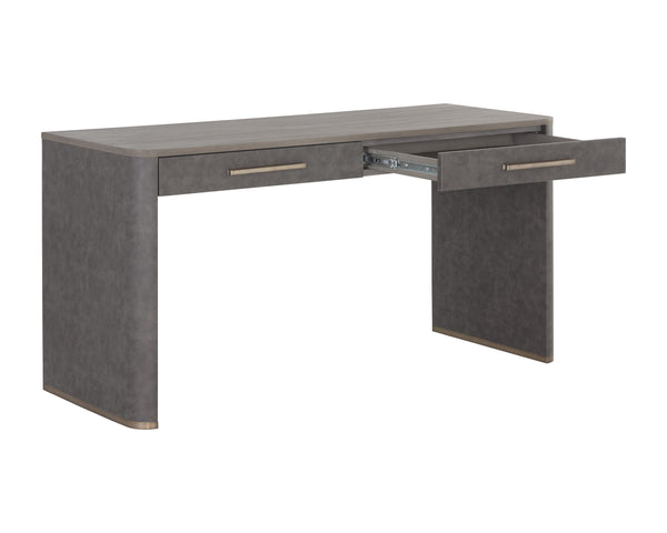 Sunpan Altman Retro-Inspired Desk with Soft-Closing Drawers and Dark Grey Oak Veneer Top for Stylish Offices