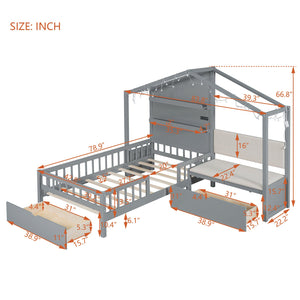 English Elm Twin House Bed Frame with Sofa Seating Led Lighting Drawers and Wireless Charging LP000521AAE-1