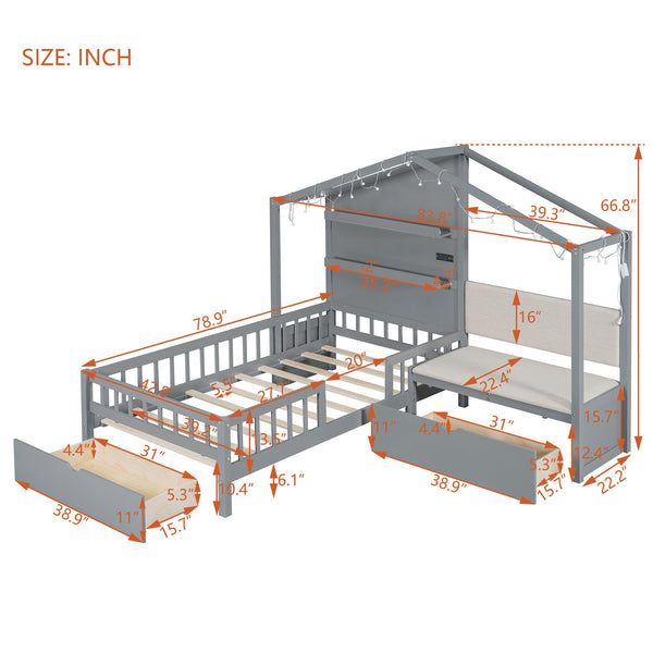 English Elm Twin House Bed Frame with Sofa Seating Led Lighting Drawers and Wireless Charging LP000521AAE-1