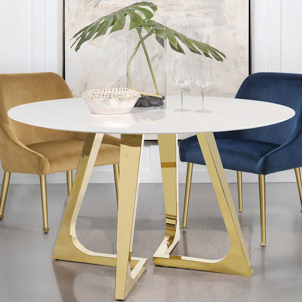 English Elm Imani White Marble Round Dining Table with Gold Stainless Steel Geometric Base B062S01552