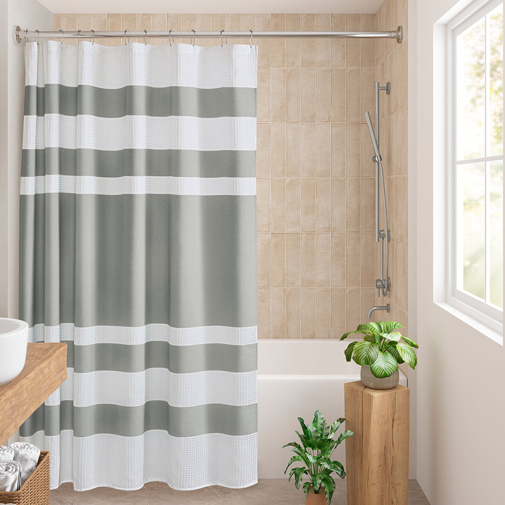 JLA Home Madison Park - Shower Waffle Curtain with 3M Scotchgard — Spa-Inspired Textured Stripe, Machine Washable, Breathable Grey MP70-4982