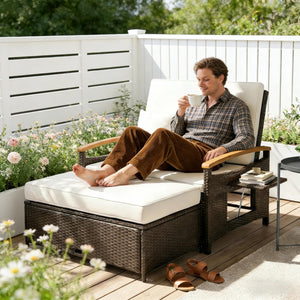 English Elm 4-in-1 Wicker Outdoor Daybed with Acacia Armrests Reclining Loveseat and Storage Ottoman T3971P484810