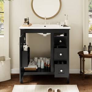 English Elm 30 Inch Bathroom Vanity with Ceramic Sink and 3 Smooth-Glide Drawers, Modern Moisture-Resistant Storage Black N710P252105B