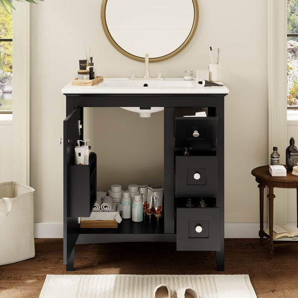 English Elm 30 Inch Bathroom Vanity with Ceramic Sink and 3 Smooth-Glide Drawers, Modern Moisture-Resistant Storage Black N710P252105B