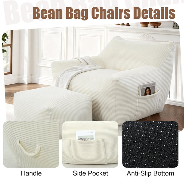 English Elm Bean Bag Chair with Armrests Shredded Foam Fill Oversized Lounge Seat for Adults White W5385P440001