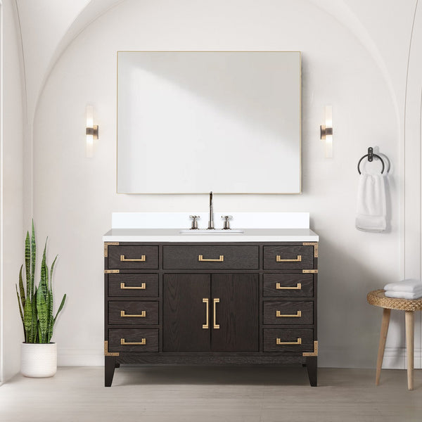 English Elm Brown Oak Single Bath Vanity With White Quartz Top - Elegant Design, Ample Storage, Soft-Close Drawers B2731P259803